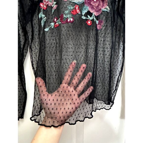 American Eagle Women's Fairy Grunge Black Polka Dot Sheer Mesh Embroidered Top - Picture 6 of 8